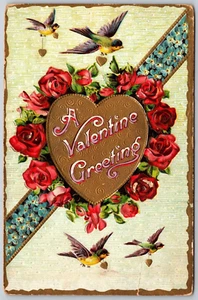Postcard A Valentine Greeting Gottschalk 2124 Birds Roses Gold Gilt 1912 - Picture 1 of 2