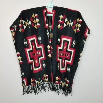 Плащ пончо ручной работы AZTEC с кожаными кисточками бахромой синий многоцветный один размер - Изображение 1 из 3