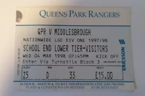 TICKET STUB - QPR Queens Park Rangers V Middlesbrough Wed 4th Mar 1998 Div 1 - Picture 1 of 1