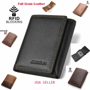 Full Grain Leather Slim S7 Men Trifold Men's Wallet ID Window RFID Blocking - Picture 1 of 39