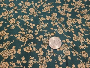 COTTON FABRIC- BEIGE FLORALS ON DARK GREEN BY CLASSIC COTTONS BTY - Picture 1 of 2