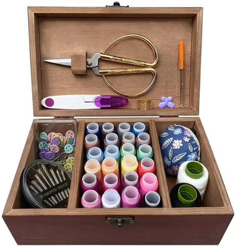 Sewing Kit Wooden Box with Cute Sewing Accessories Hand Sewing Kit Cover