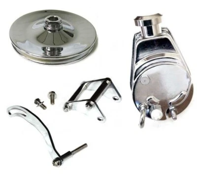 Small Block Chevy Chrome Saginaw Power Steering Pump with SBC Pulley Bracket Kit - Image 1 of 4