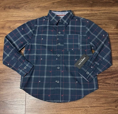 全新带标签 Kenneth Cole 纽扣领法兰绒长袖衬衫蓝色男孩 6 码 — 第 1/4 张图片