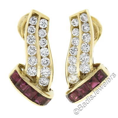 Elegant 18k Yellow Gold 2.20ctw Channel Set Ruby & Diamond Huggie Hoop Earrings - Image 1 of 4