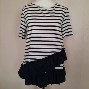 WAREHOUSE BNWT Top Size 8 Striped Ruffle Short Sleeve Ivory Navy RRP £29 Ladies - Picture 1 of 12