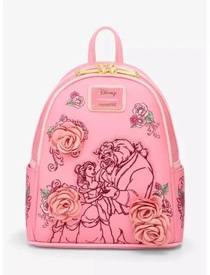 Mini Mochila Loungefly Disney A Bela e a Fera Rosas Rosa - Imagem 1 de 4