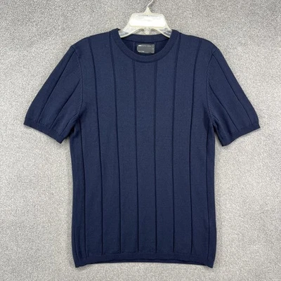 ASOS DESIGN Sweater Mens Large Navy Short Sleeve Ribbed Knit Crewneck Shirt - Image 1 of 4