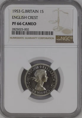 UK - GREAT BRITAIN , 1 SHILLING 1953 ENGLISH CREST ( LG )  NGC PF 66 CAMEO, RARE - Image 1 of 2