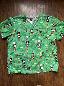 Disney Womens Minnie & Mickey Mouse Christmas Medical Scrub Top Size Large - Picture 1 of 4