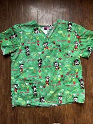 Disney Womens Minnie & Mickey Mouse Christmas Medical Scrub Top Size Large - Image 1 of 4