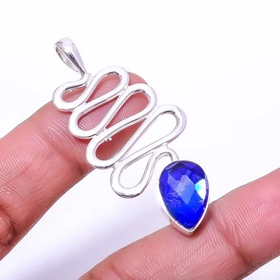 Colgante serpiente de plata de ley 925 con topacio fuego místico arco iris azul 1,95" P45 Foto 1 de 4