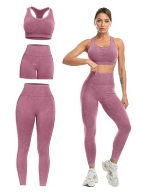 3 Piece Workout Sets for Women Butt Lifting Leggings with Medium Washed Rose - Image 1 of 4