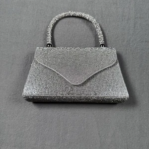 Rhinestone Purse Clutch Evening Bag Silver Top Handle Shoulder Chain Party - Picture 1 of 6