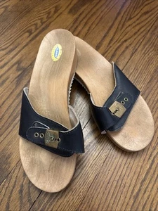 Vintage Navy Blue Leather The Original Dr. Scholl’s Wooden Clog Size 8.5 - Picture 1 of 5