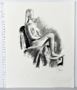 17 Zoll Vintage Bleistiftzeichnung junge Frau nackter Körper sitzende Ansicht Candace McCall XIV - Bild 1 von 4
