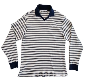 Suéter de punto acanalado azul marino Playboy Pacsun para hombre talla pequeña bordado usado en excelente estado - Imagen 1 de 16