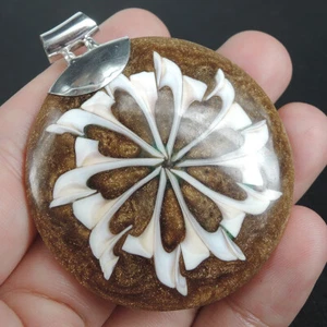 925 Sterling Silber Natur Kegel Muschel & glitzernd braun Harz Anhänger Schmuck - Bild 1 von 6