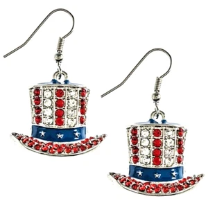USA Patriotic Top Hat Red White Blue Rhinestones Silver Tone Earrings America - Picture 1 of 2