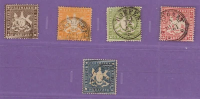 Germany, Wurttemberg. Scott #23/25/26/27 & 29, 5 stamps 1861, MNG. CANCELED ST11 - Image 1 of 4