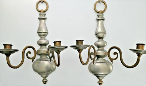 ⭐Very Tall Colonial Style E F Caldwell Pair Of Bronze Wall Sconces Pewter Brass Cover