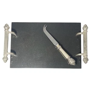 Godinger “Plume” Silverplate & Black Marble Cheese Board & Knife 13.5” - Picture 1 of 11