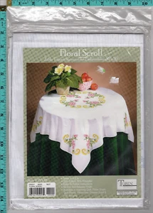 Floral Scroll Tobin Home Fashions Table Topper Stamped 4 Embroidery 36"sq 255021 - Picture 1 of 4