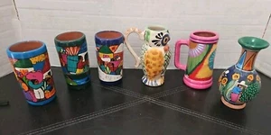 LOT Of 6:Colorful Mexican South American Hand Painted Clay Art Vase Mug DECOR - Picture 1 of 18