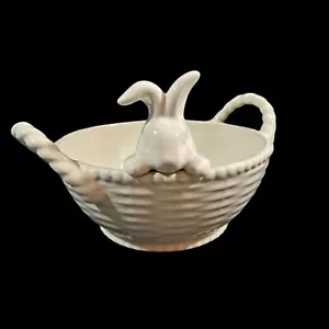 Ceramic Basket Weave Bunny Candy Dish Bowl White Ceramic Handles Easter - Picture 1 of 8
