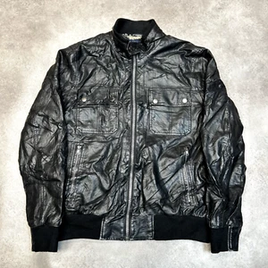 Nautica Leather Jacket Mens Large 90s USA Vintage Full Zip Bomber Coat, Black - Picture 1 of 10