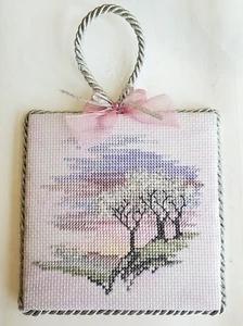 Frosty Trees  Finished Completed Cross Stitch Christmas Ornament Door Hanger - Picture 1 of 2