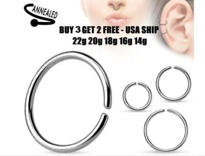 Surgical Stainless Steel Annealed Bendable Ring Septum Nose Lip Ear Hoop Fake - Image 1 of 2