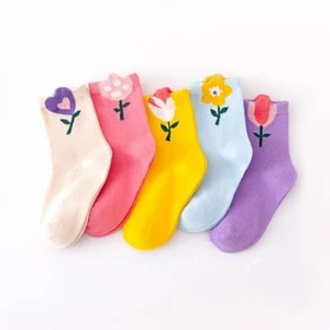 5 Pairs Girls Socks Cute Cartoon Flower Pattern Comfortable Breathable Kids Sock - Picture 1 of 13