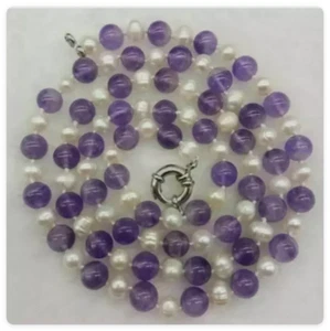 Nuevo collar de piedras preciosas de amatista natural de 7-8 mm y perlas blancas de 8 mm 36"" AAA - Imagen 1 de 5