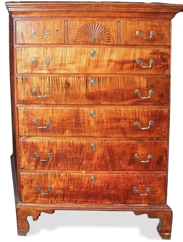 Circa 18th c. American Chippendale Tiger Maple Tall Chest, Bracket Feet, PA Cover