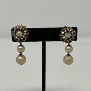 MIRIAM HASKELL Signed Faux Baroque Pearl Rhinestone Drop Dangle Earrings Flower - Picture 1 of 11