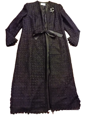 Vtg Lily & Taylor Black Lace Overlay Duster Ribbon Tie Jacket 12 Rhinestone Pin - Image 1 of 4