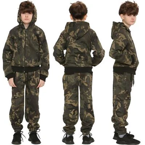 Kids Tracksuit Boys Girls Designer Green Camouflage Jogging Suit Top Bottom 5-13 - Picture 1 of 9