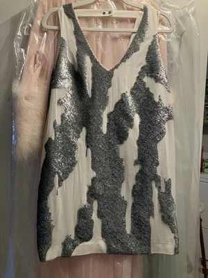 Robert Rodriguez 100% Silk Silver Sequins White Camo Cocktail Party Mini Dress 0 - Image 1 of 4