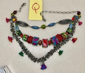 Ayala Bar Necklace 3 Strand Fabric Mixed Media Statement - Picture 1 of 2