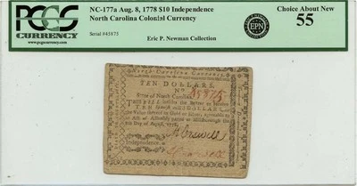 1778 August 8, $10 North Carolina Colonial Note FR#NC-177a PCGS AU55 - Image 1 of 2