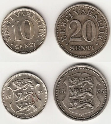 ESTONIA Coins KM12 10 SENTI 1931 XF+ and KM17 20 SENTI 1935 XF - Image 1 of 3