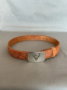 Nocona Brown Leather Western Belt Youth Unisex Sz 22 With Longhorn Steer Buckle - Picture 1 of 7
