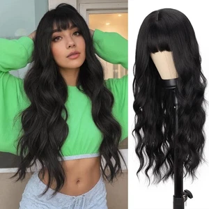 Schwarze Perücke mit Pony, lange wellige Perücke für Damen, 26 cm synthetische hitzebeständige... - Bild 1 von 6