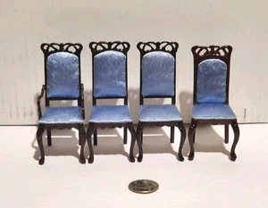 Set of 4 Dollhouse Miniature Vintage Mahogany Tall Chairs Blue Fabric 1/12 - Picture 1 of 3