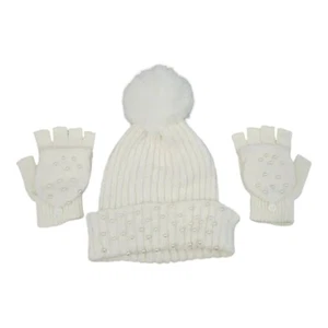 Sombrero de punto blanco con detalles de súper pompón y perlas de imitación conjunto de guantes de sombrero y dedos - Imagen 1 de 12