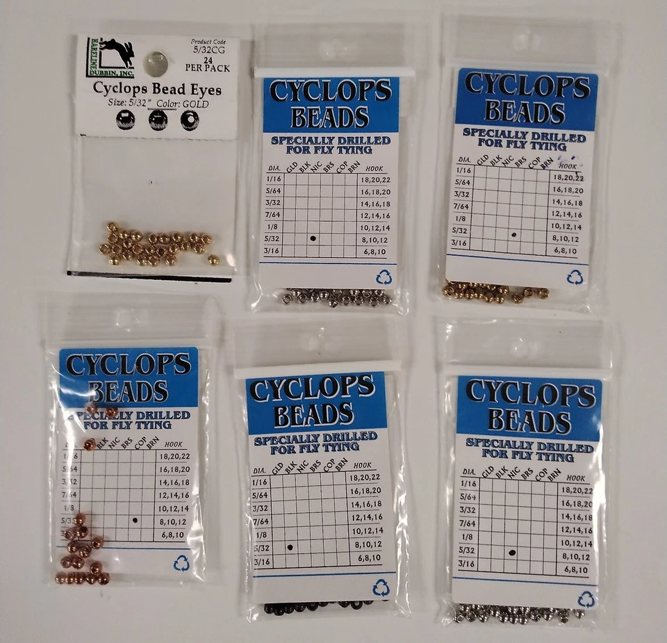 Hareline Cyclops Bead Eyes; sz 5/32; 6 packs; Gold, Black, Nickel, Brass, Copper - Image 1 of 1