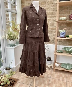 Vintage 70s Frank Usher Chocolate Brown Cotton Cord Sequin Skirt Suit Size UK 14 - Picture 1 of 16
