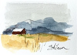 ACEO Landscape Painting Watercolor Ink Stormy Sky over Barn Yellow Field Signed - Picture 1 of 2