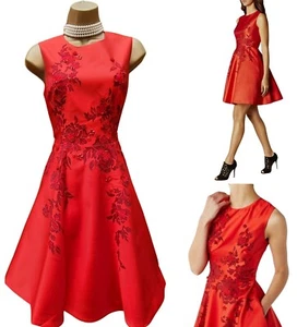 KAREN MILLEN 8 UK Red Rose Petal Floral  APPLIQUÉ Audrey Skater Prom Dress - Picture 1 of 9